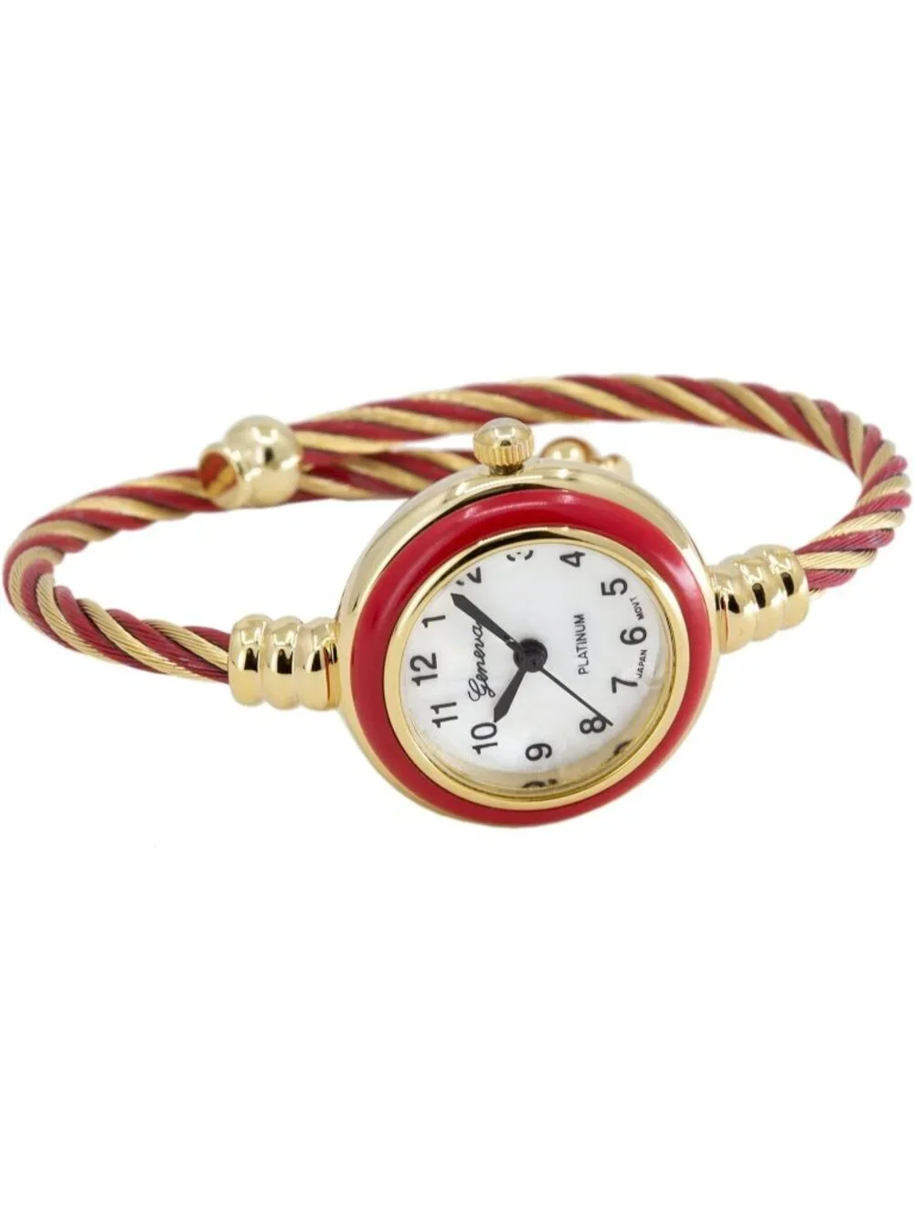 Women's Gold Red Analog Quartz Elegant Cable Cuff Arabic Numbers Bracelet Watch
